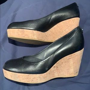 Stuart Weitzman York Black Leather Cork Wedge